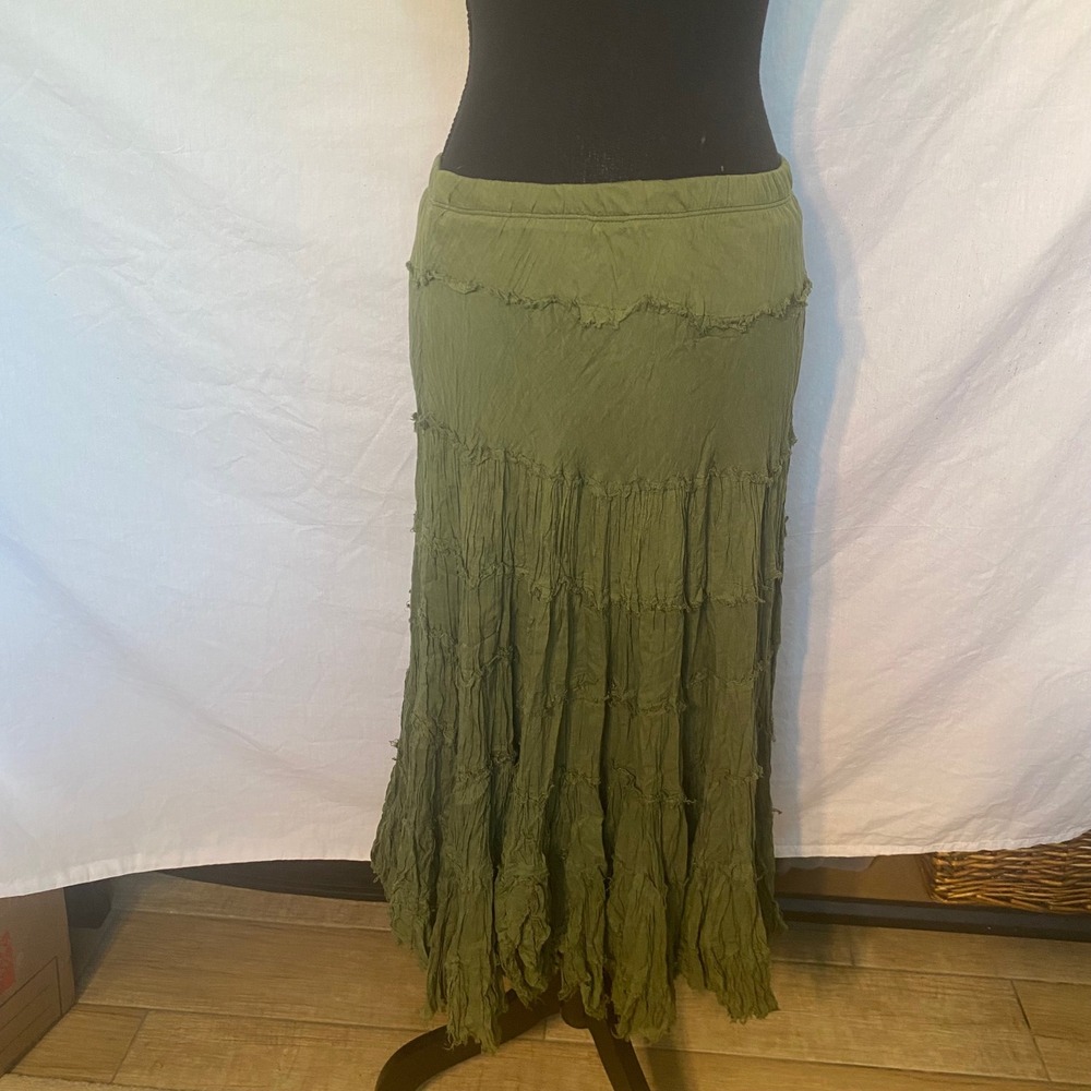 Flower Olive Green Cotton Tiered Crinkle Maxi Skirt Frayed‎ Boho Size L